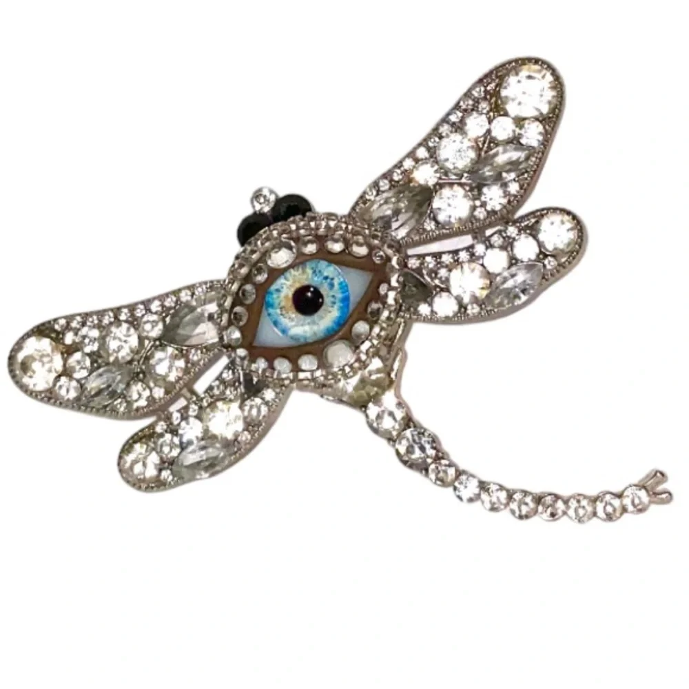 Dragonfly & Eye of Protection Brooch Pendant Handmade Glass Iris & Rhinestones